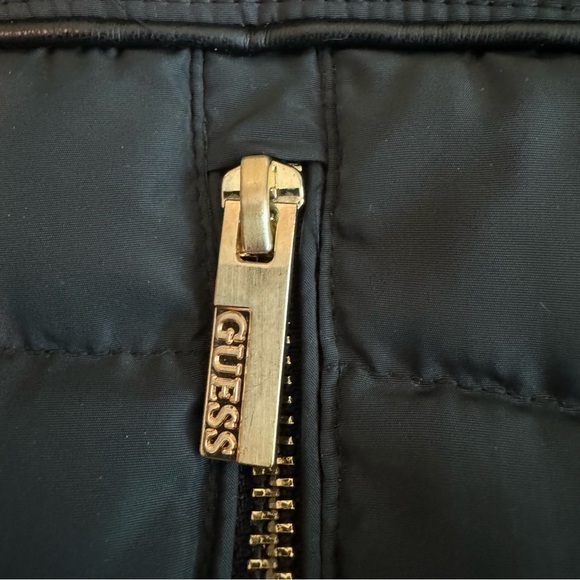 Guess Hooded Puffer Down Jacket Black with Gold Detail Faux Fur​ - Picture 9 of 12